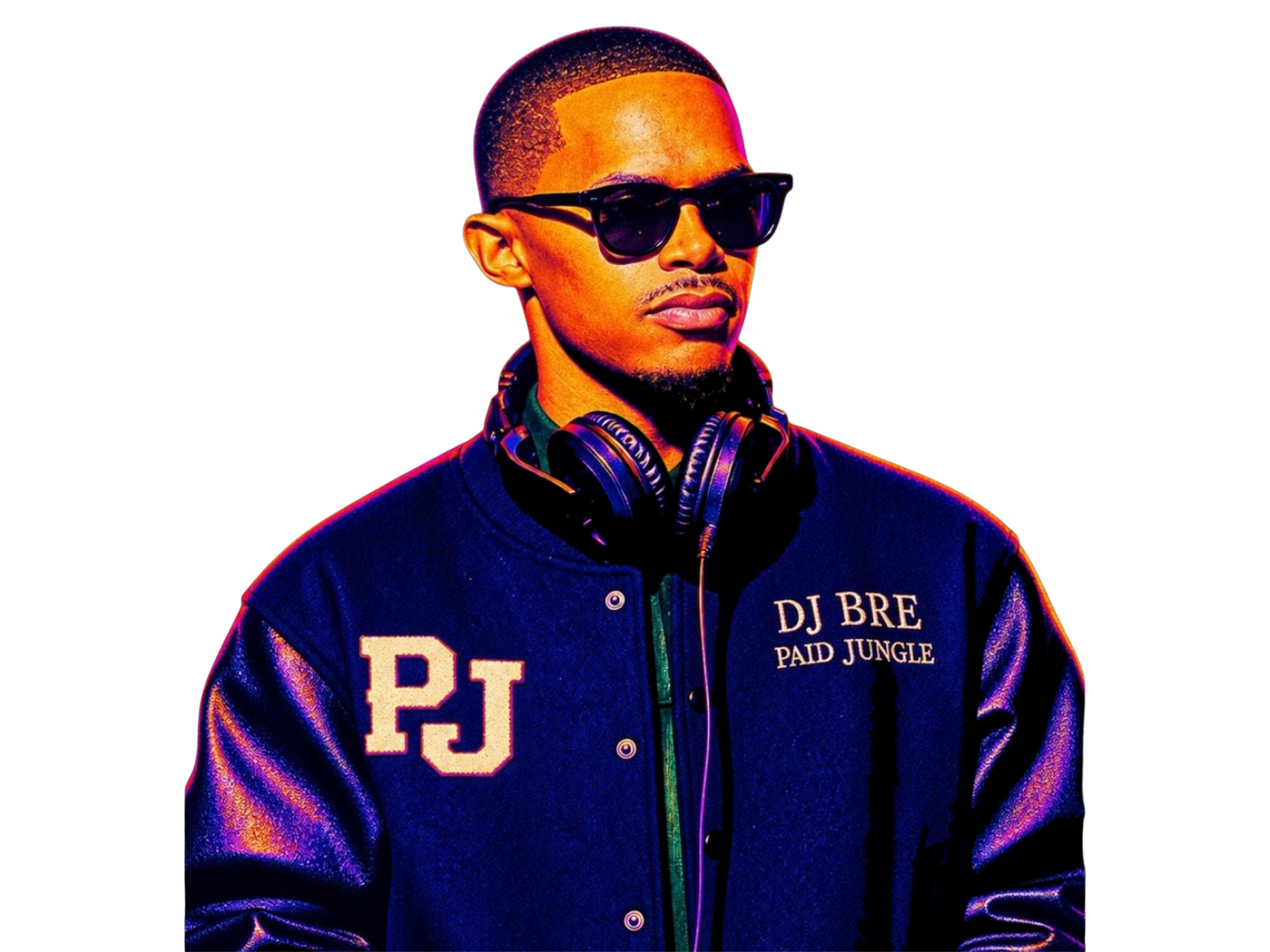 DJ BRE wearing sunglasses, headphones, and a Paid Jungle jacket