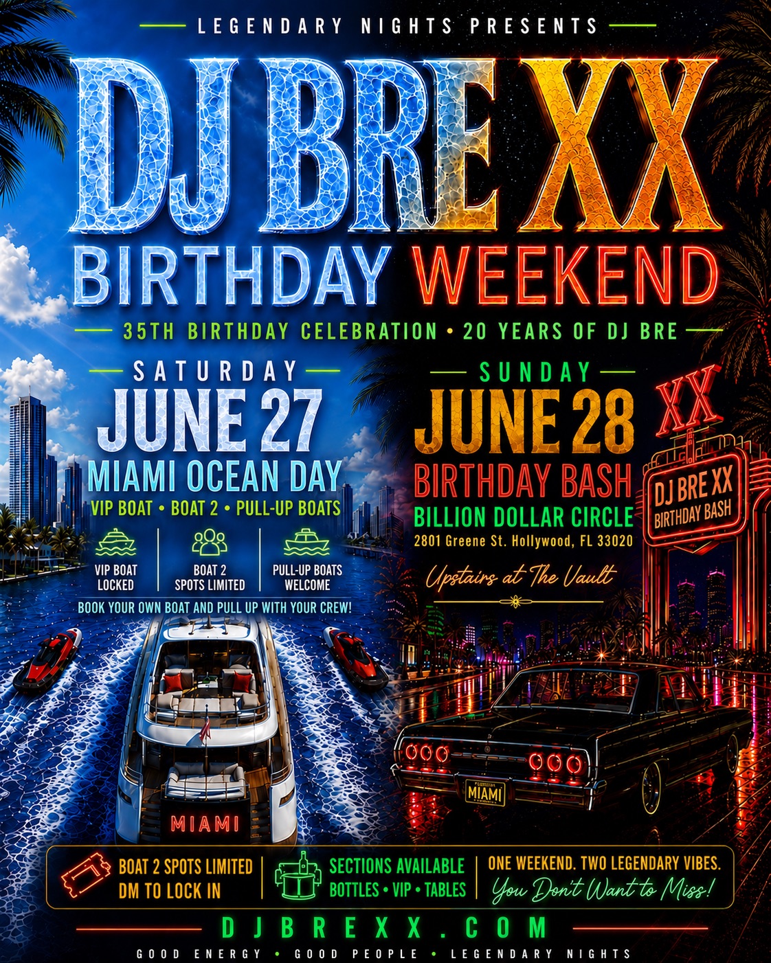 DJ BRE XX Birthday Weekend flyer with Saturday boat party and Sunday birthday bash
